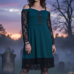 Gothic Green/Black Dress; Long Sleeve Lace up Gothic off shoulder midi